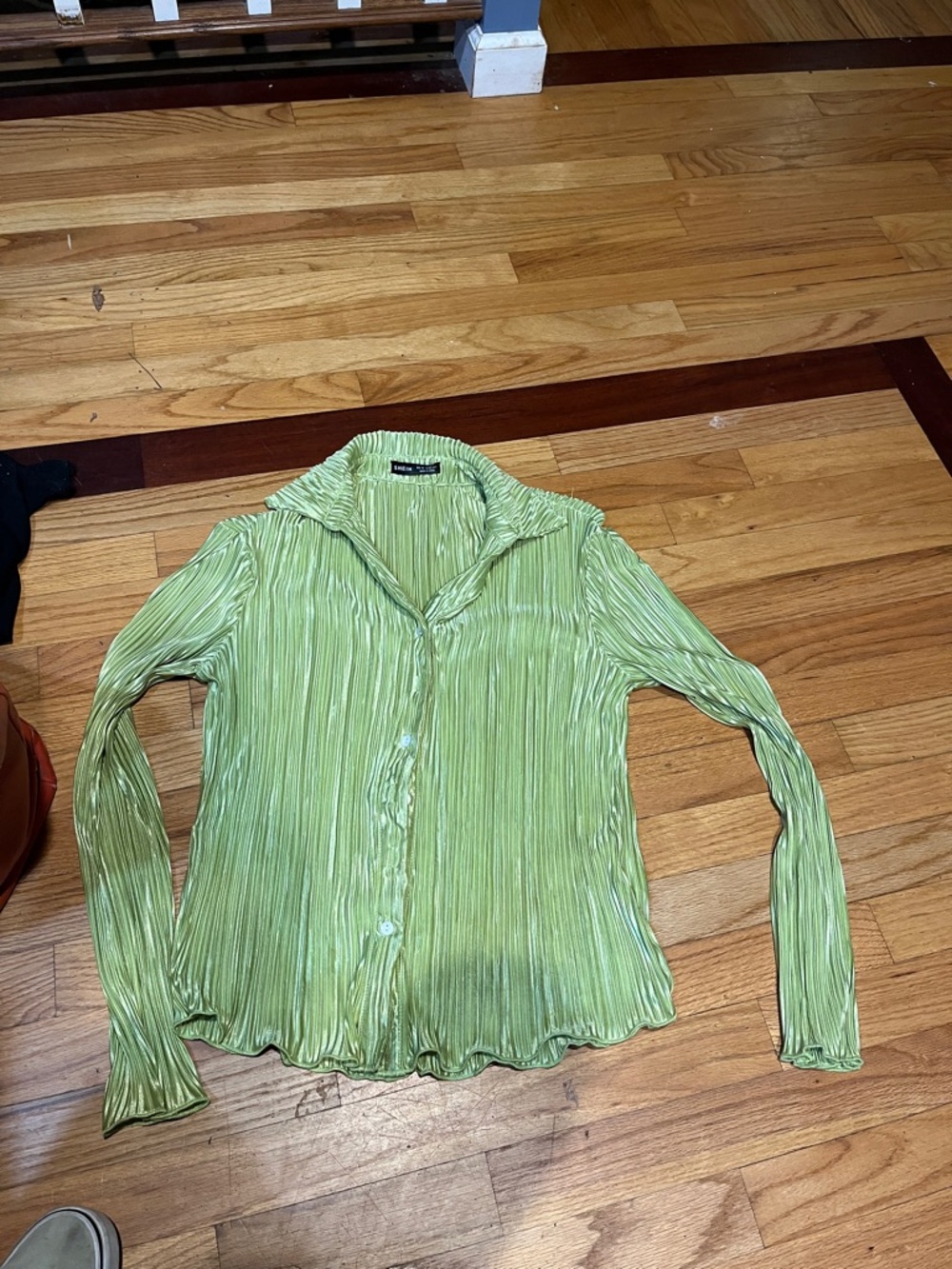 Pleated Long-Sleeve Button Front Top - Light Green